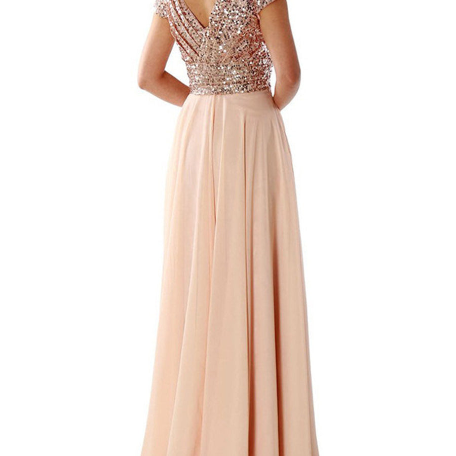 Beige A-line Sleeveless Chiffon Paneled Sequin V-neck Prom Dress