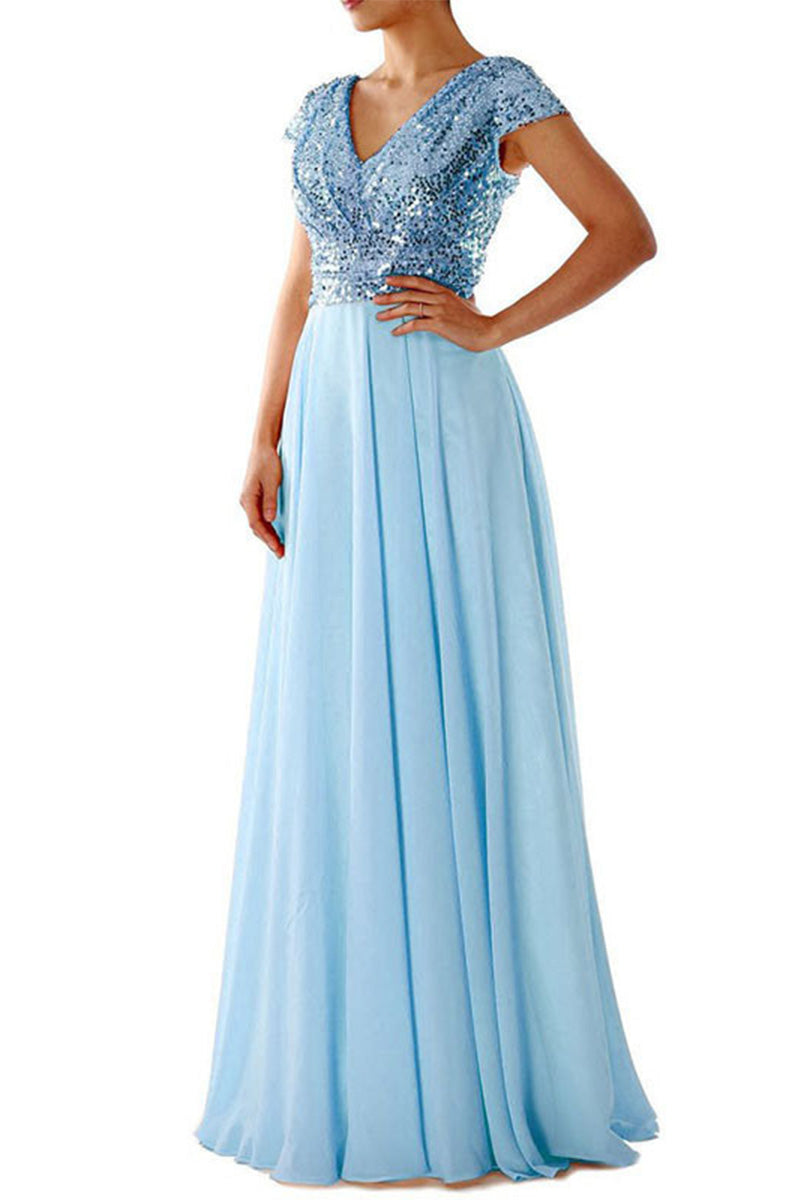 Sky blue A-line Sleeveless Chiffon Paneled Sequin V-neck Prom Dress