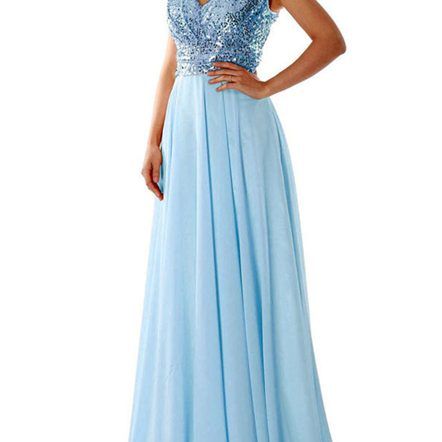 Sky blue A-line Sleeveless Chiffon Paneled Sequin V-neck Prom Dress