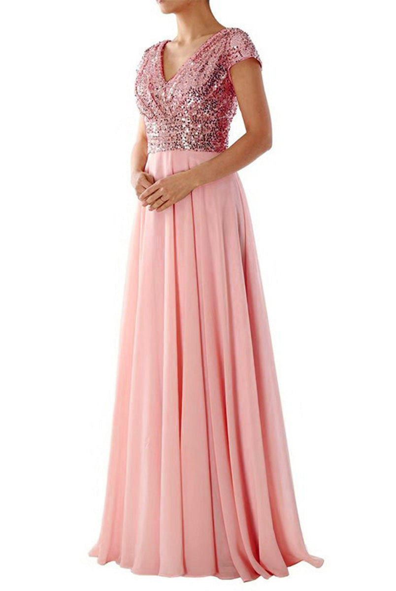 Pink A-line Sleeveless Chiffon Paneled Sequin V-neck Prom Dress