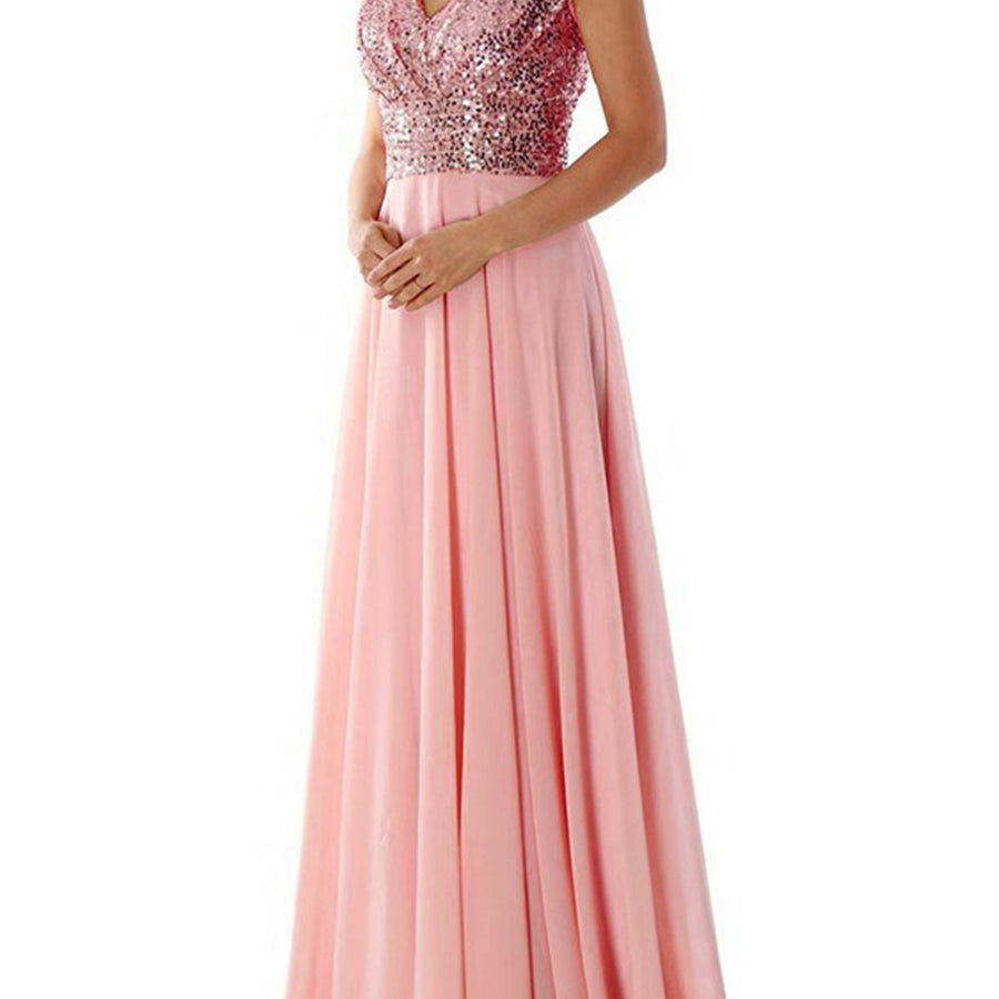 Pink A-line Sleeveless Chiffon Paneled Sequin V-neck Prom Dress