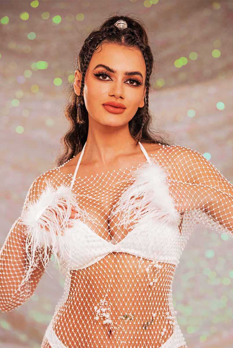 Rhinestone Dress With Feathers - Mesh Pearl Dress