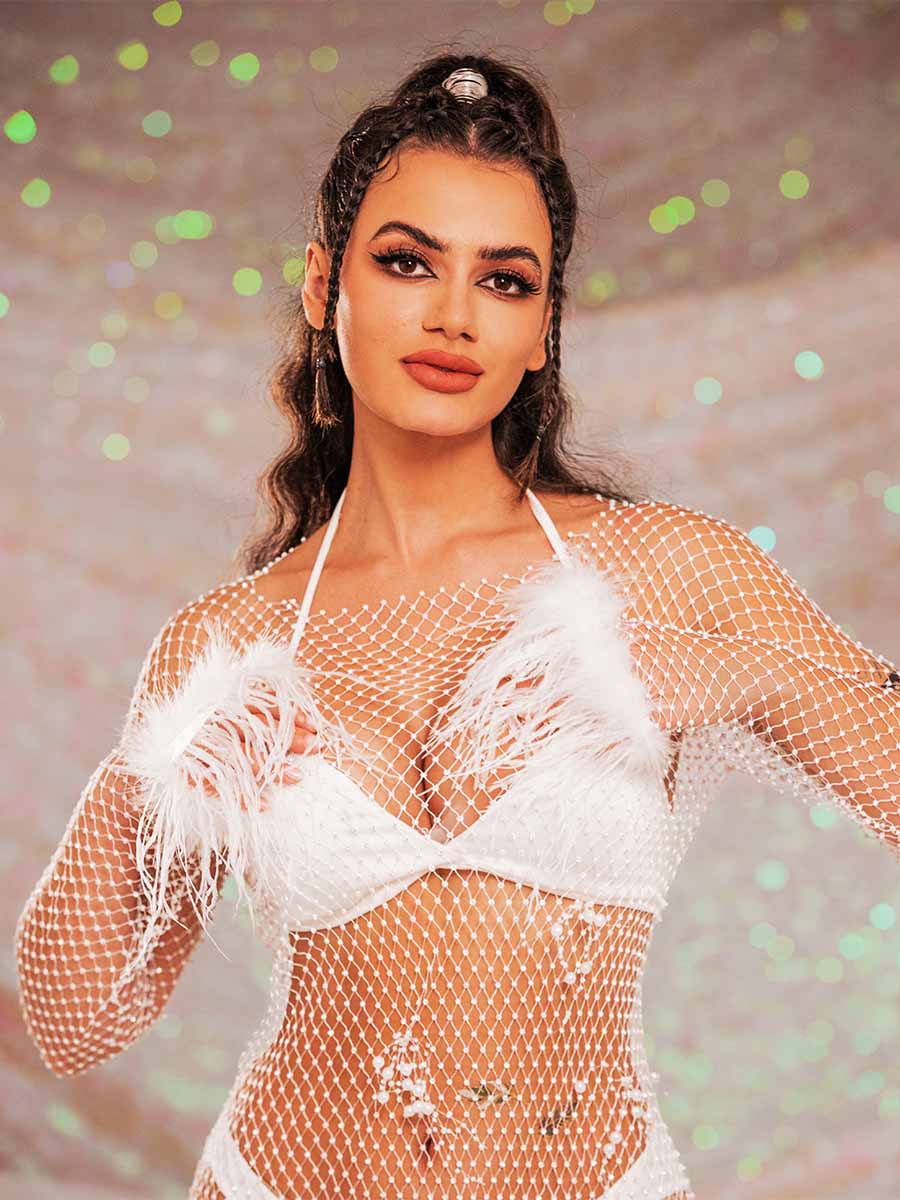 Rhinestone Dress With Feathers - Mesh Pearl Dress