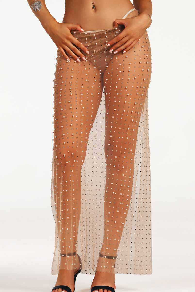 rhinestone pearl sheer straight long skirt