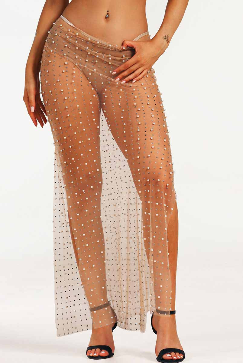 crystal pearl mesh straight long skirt