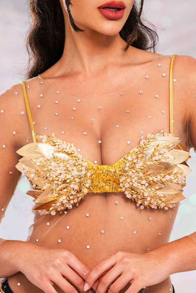 Gold Glitter Bra - Metallic Leaf Sequin Rhinestone Bra
