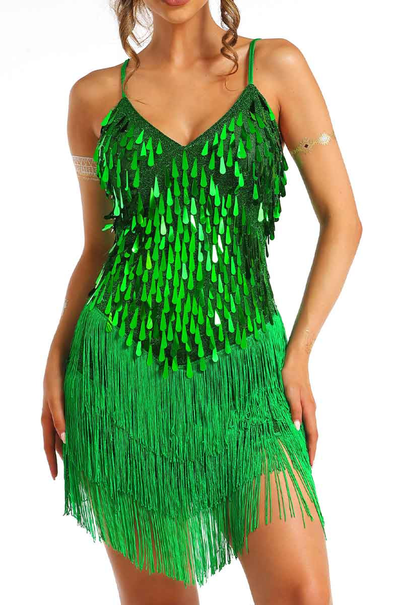 mini green sequin fringe dress
