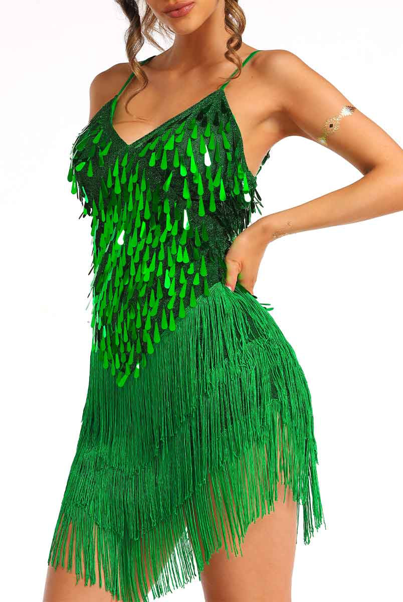 mini green sequin tassel dress