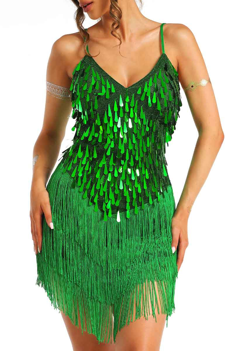 green sequin fringe dress
