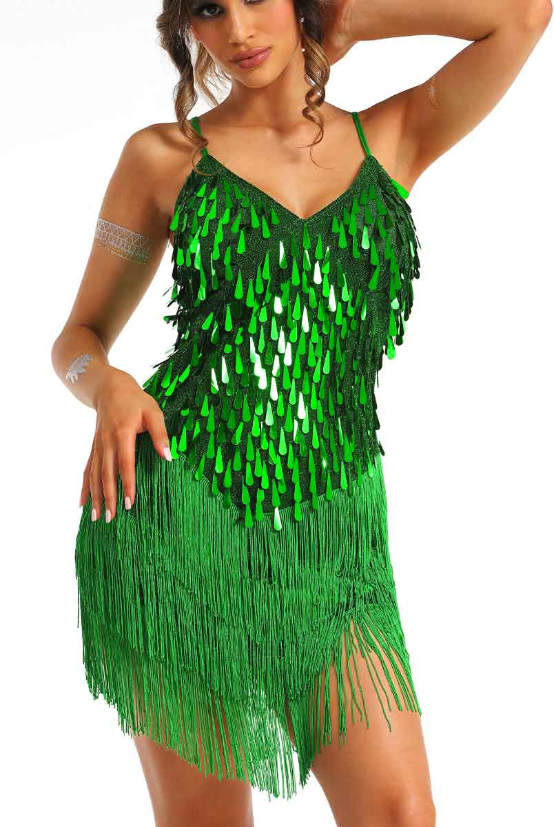 mini green sparkly fringe dress