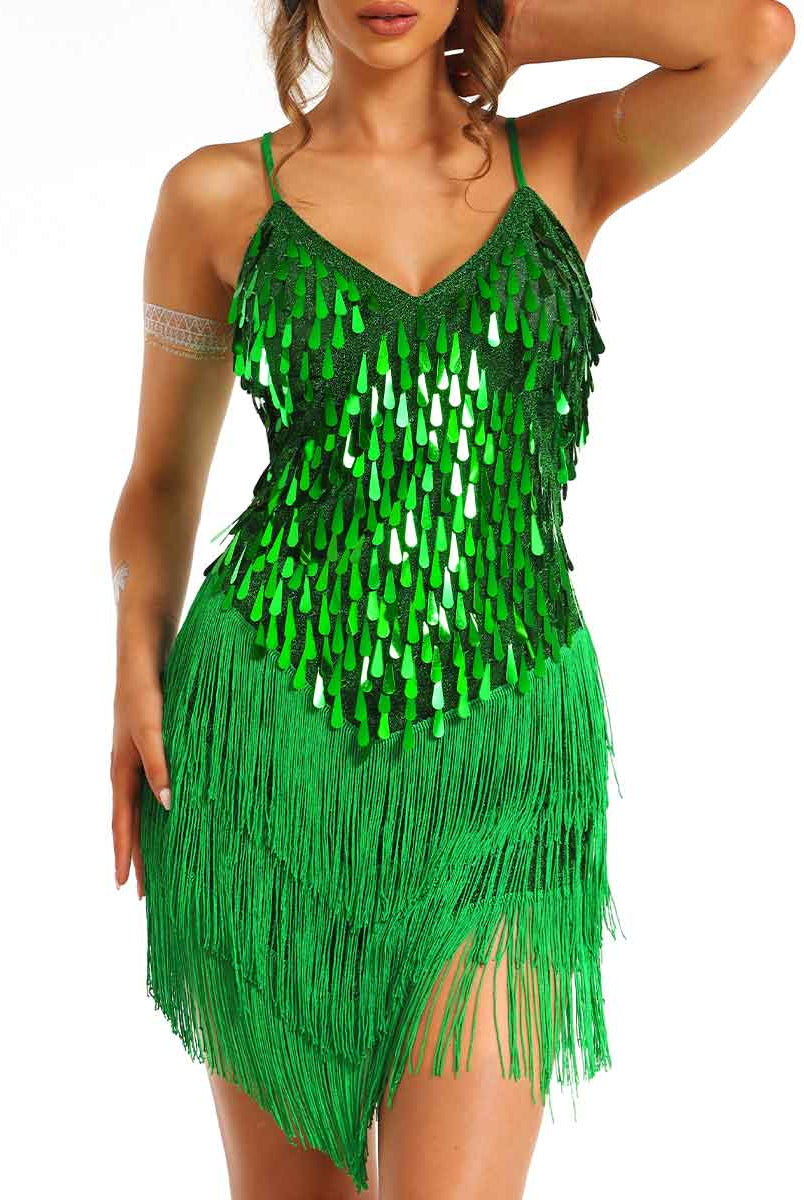 mini green sparkly tassel dress