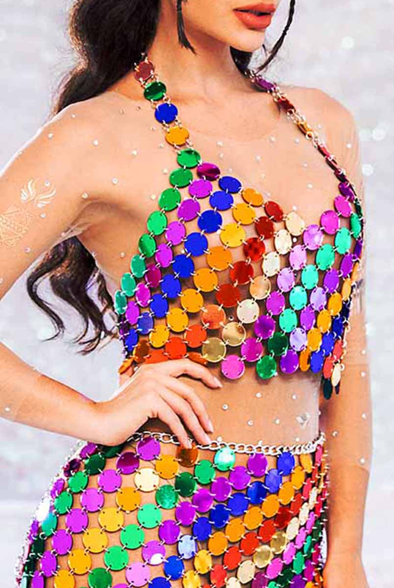 Two Piece Set Sequin - Rainbow Halter Top + Mini Skirt