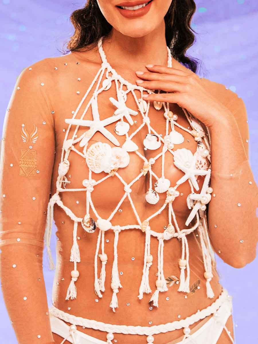 Boho Summer Tops – Pearl Shell Mesh Fringe Tank Top