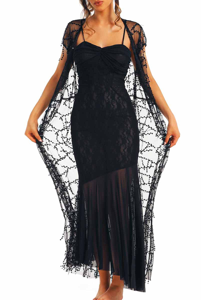 Black lace suspender long dress