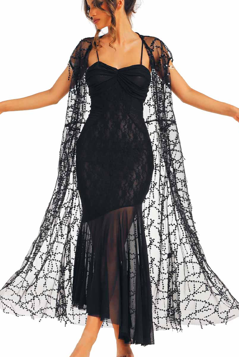 Beaded Sequin Black Lace Slip Dress