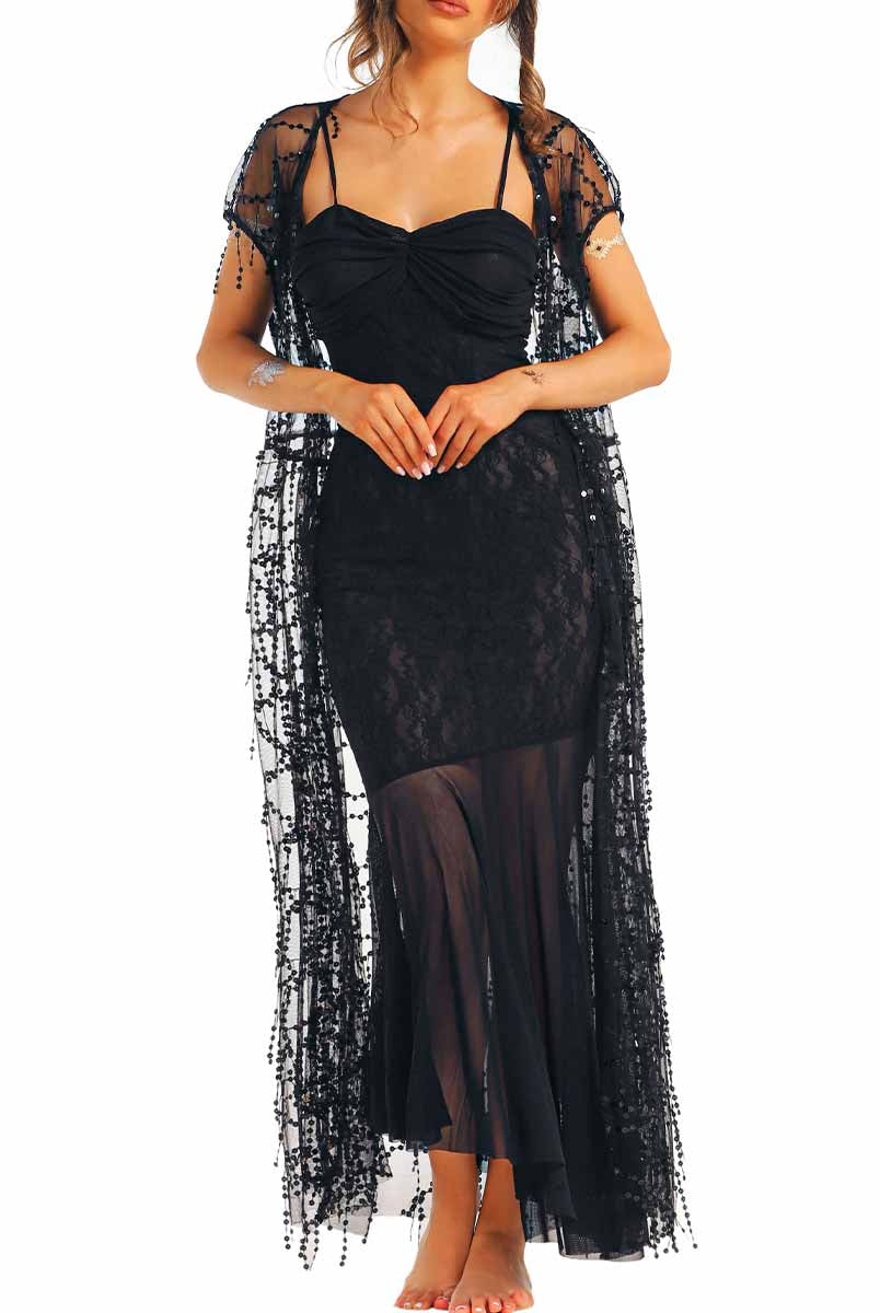 Beaded Sequin Black Lace Long Dress