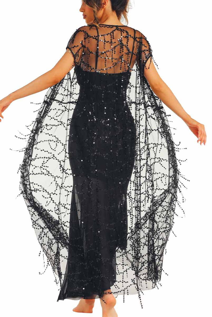Shiny black lace long dress