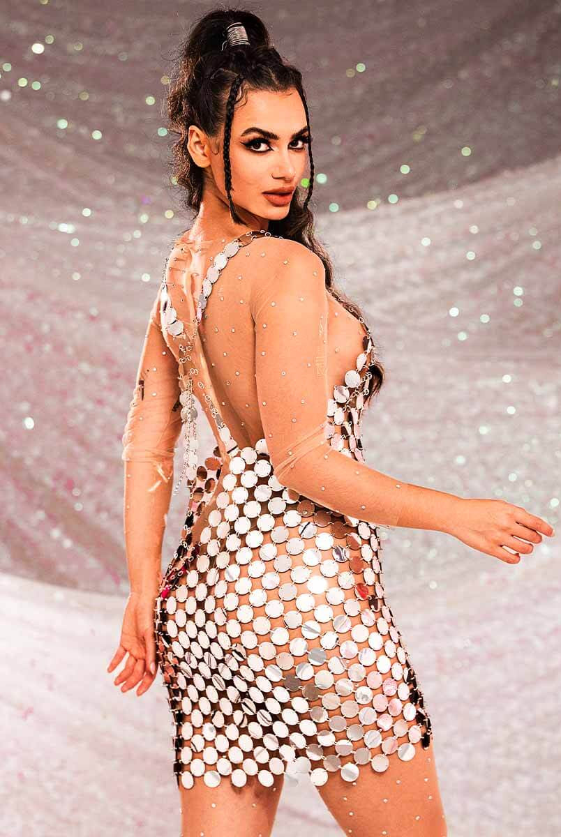 Sparkly Silver Mini Dress - Silver Chainmail Strap Dress