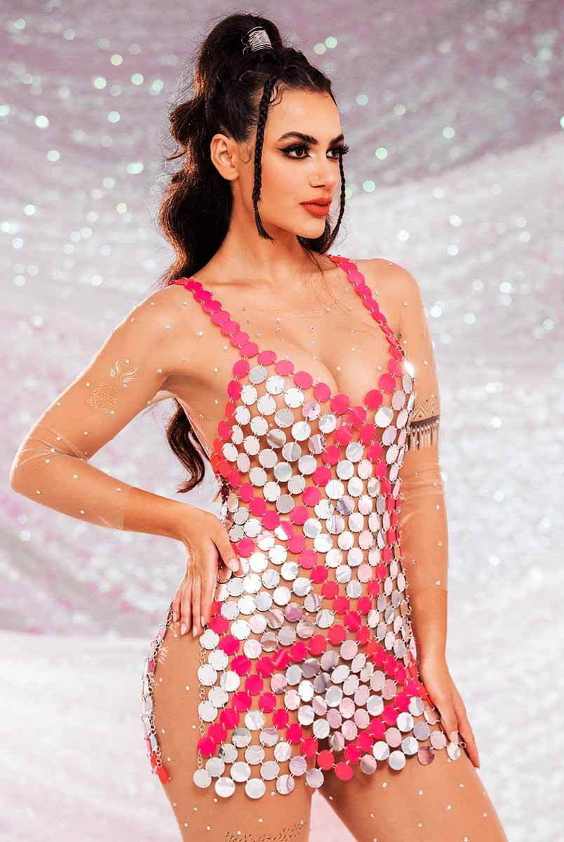 Red Embedded Silver Sequin Dress
