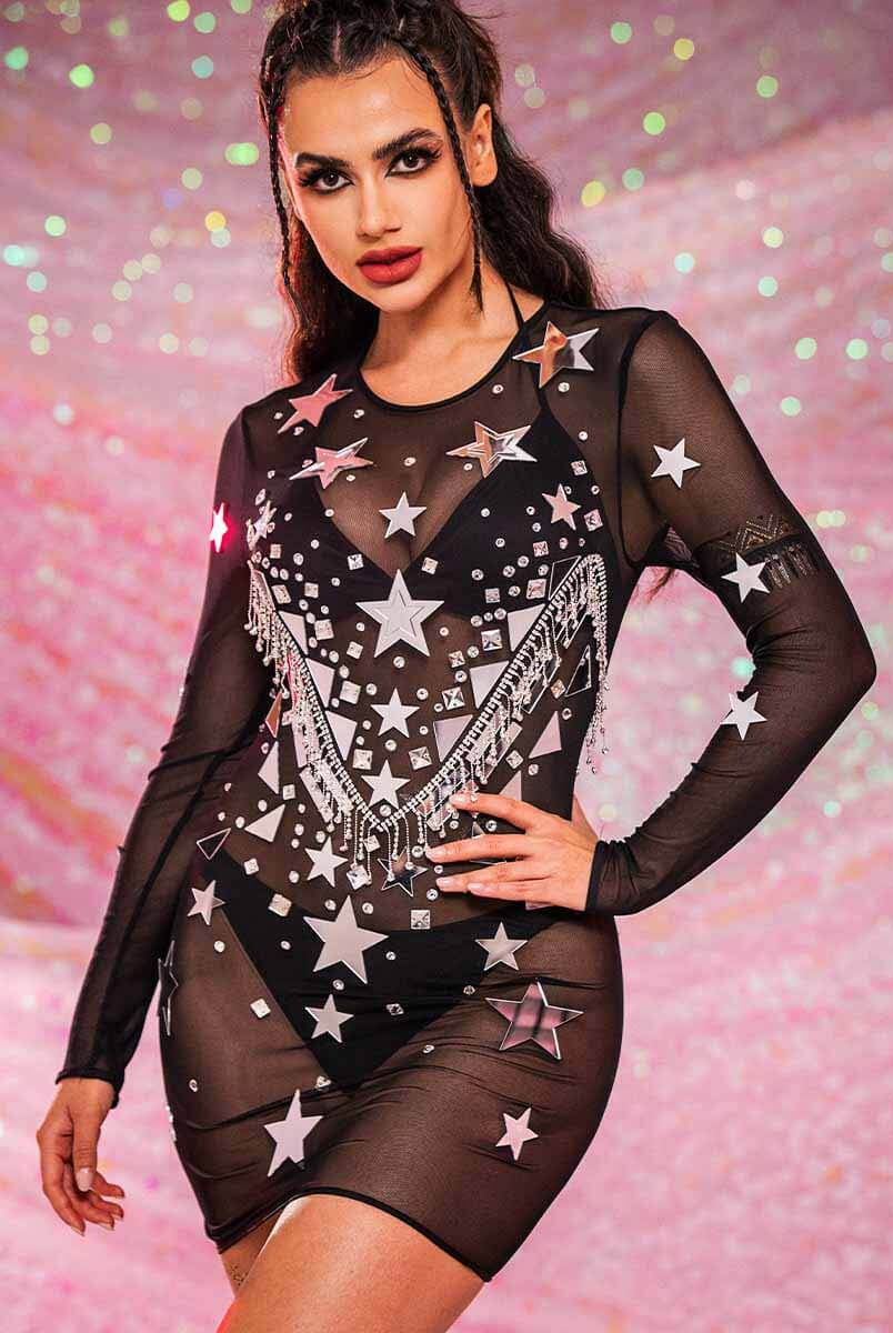 Sequin Rhinestone Dress - Sheer Black Spandex Mesh Dress
