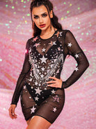 Sequin Rhinestone Dress - Sheer Black Spandex Mesh Dress