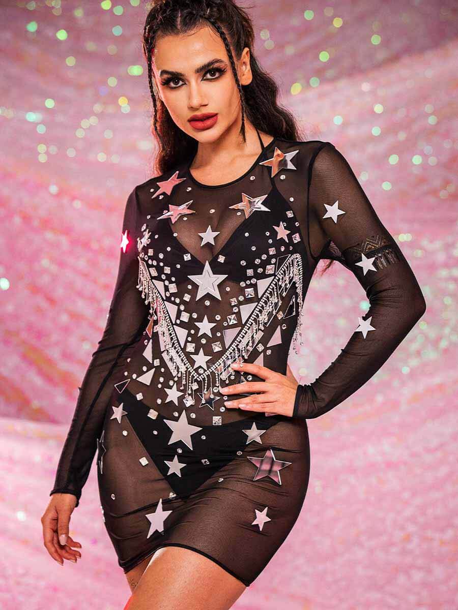 Sequin Rhinestone Dress - Sheer Black Spandex Mesh Dress