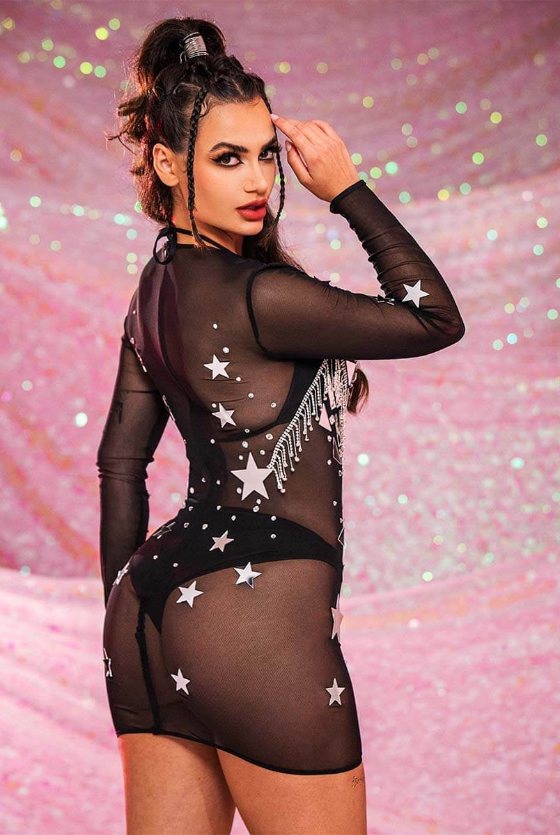 Black Sequin Mesh Mini Dress
