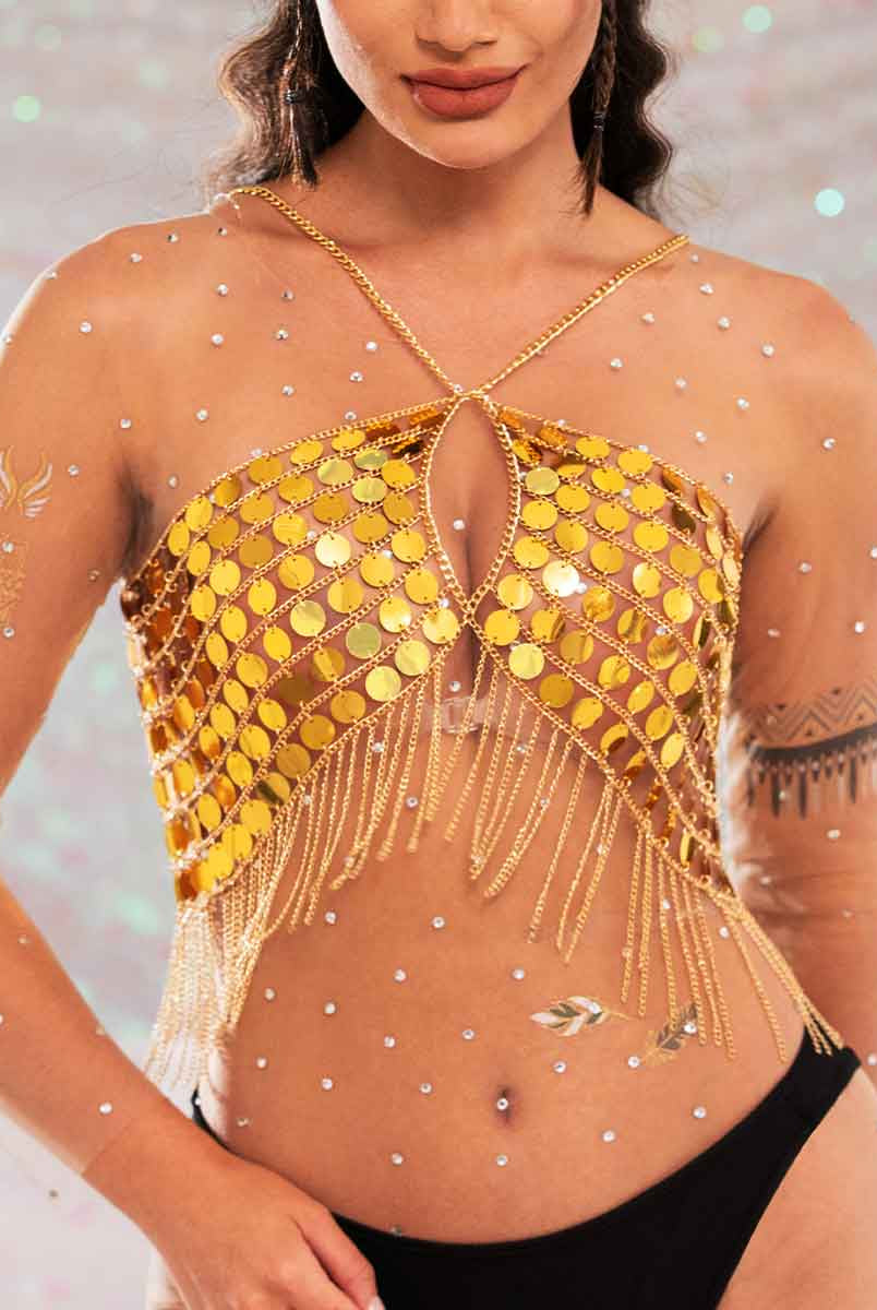 gold sequin fringe top