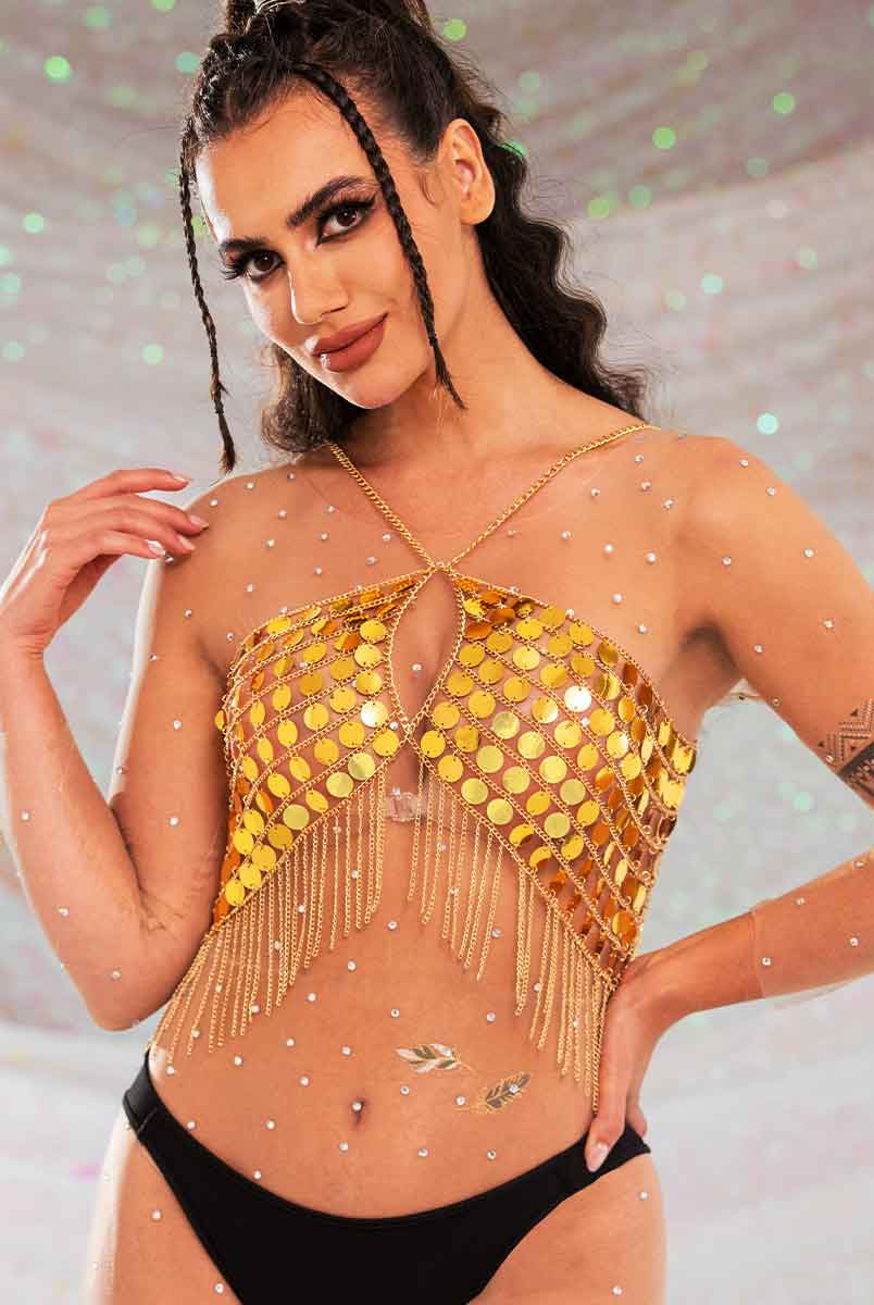 Gold Sequin Fringe Top - Gorgeous Metallic Chain Bra Top