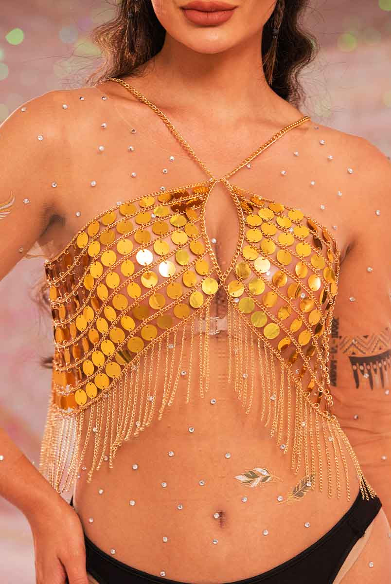 gold sequin tassel top