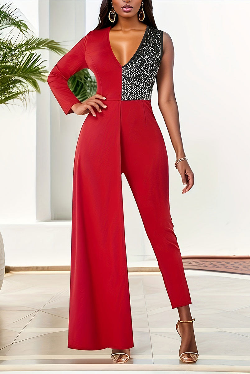 Mixed Fabric Sequin High-Waisted Slim-Fit Jumpsuit