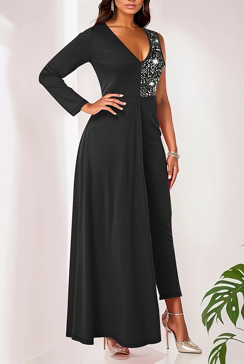 Contrast Fabric Sequin High-Waisted Slim-Fit Jumpsuit