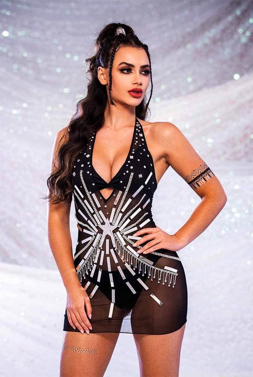 Sparkly Rhinestone Dress - Black Sequin Sheer Dress