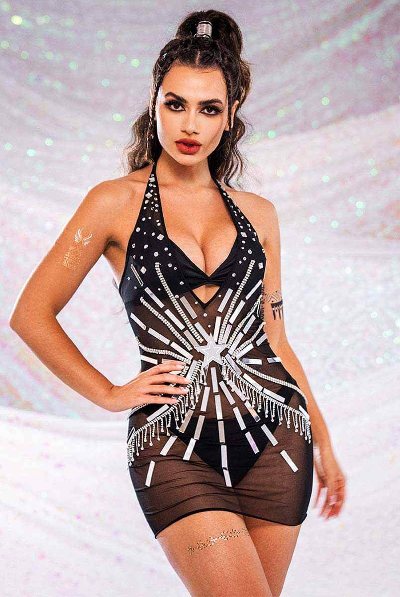 Black Sequin Sheer Mini Dress