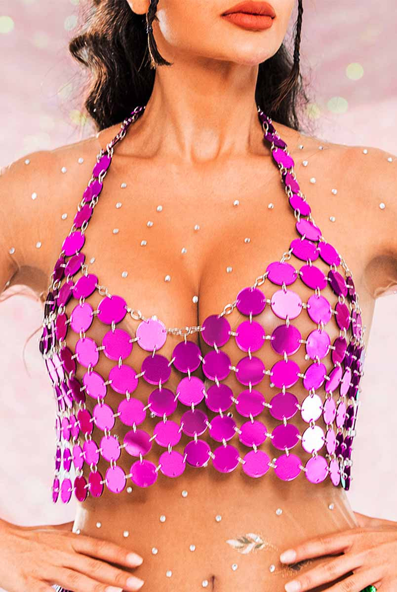 Purple Circle Sequin Halter Tank Top