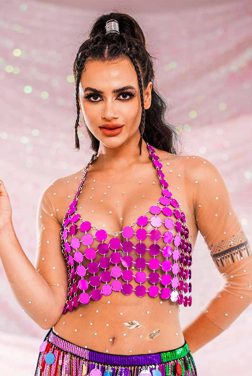 Purple Sequin Halter Tank Top
