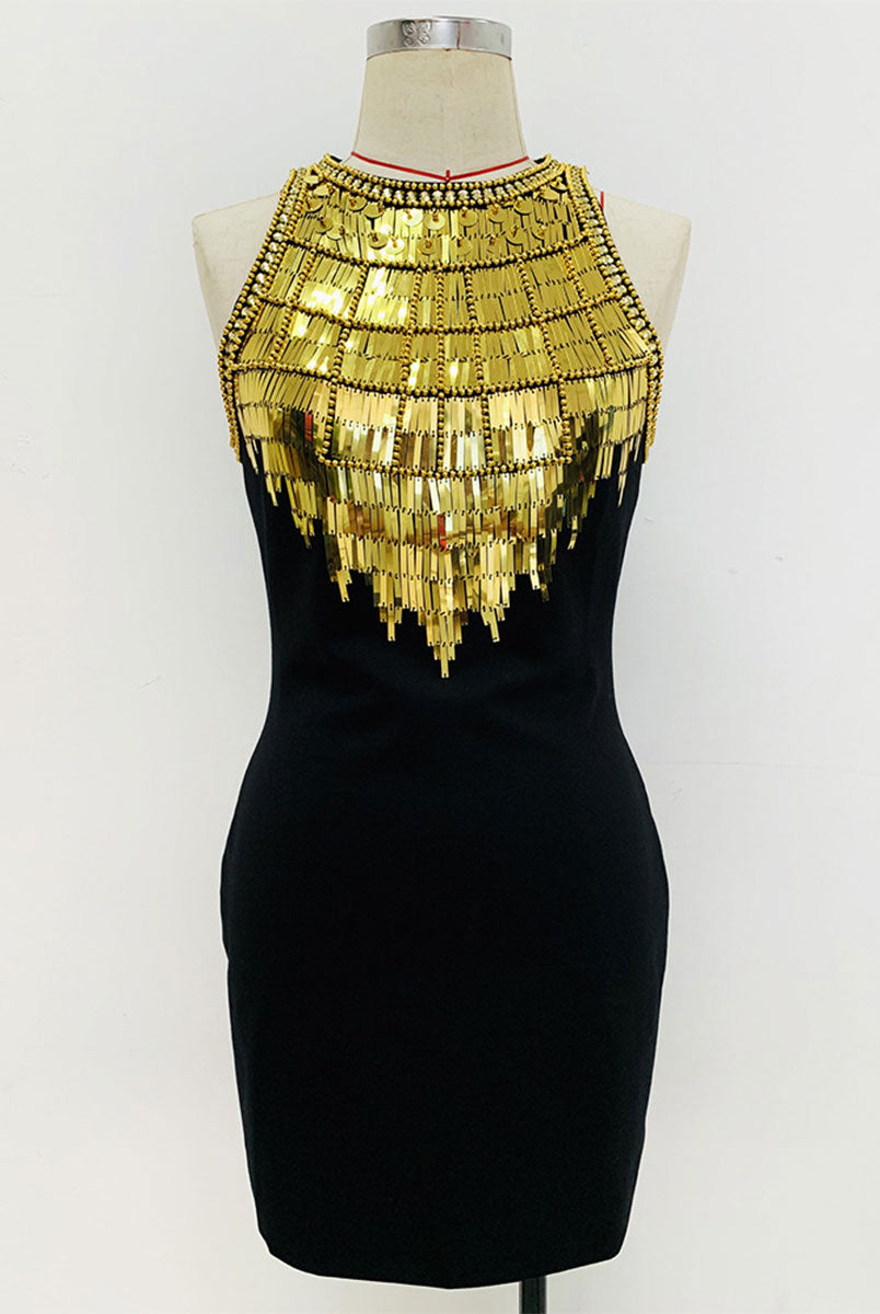 Black Sequin Slim Metallic Mini Dress