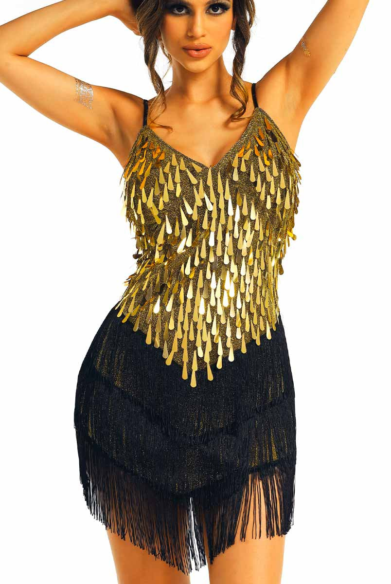 Gold sequin black fringe dress