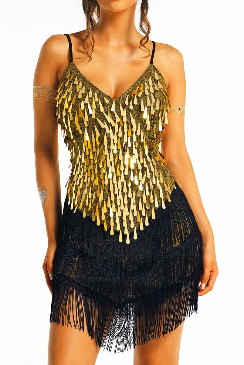 Gold sequin black tassel dress
