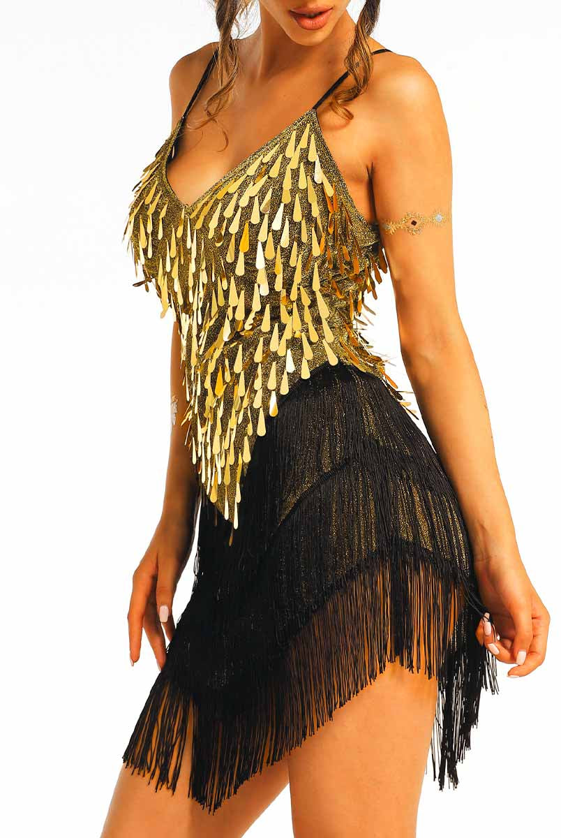 Gold sequin black fringe mini dress