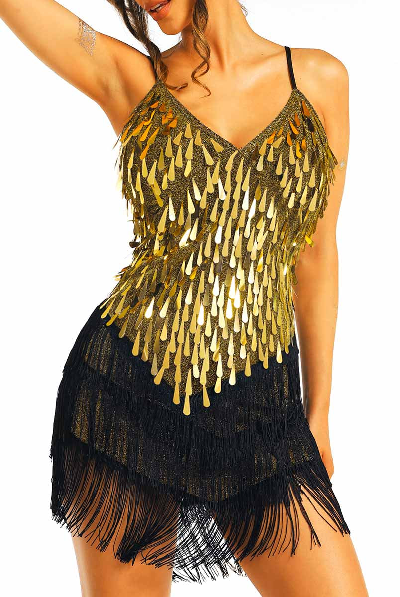 Gold sequin black tassel mini dress