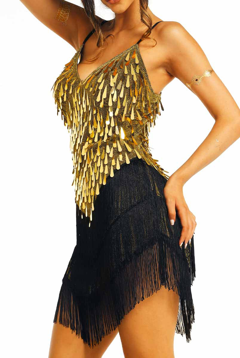 Gold sequin black fringe slip dress