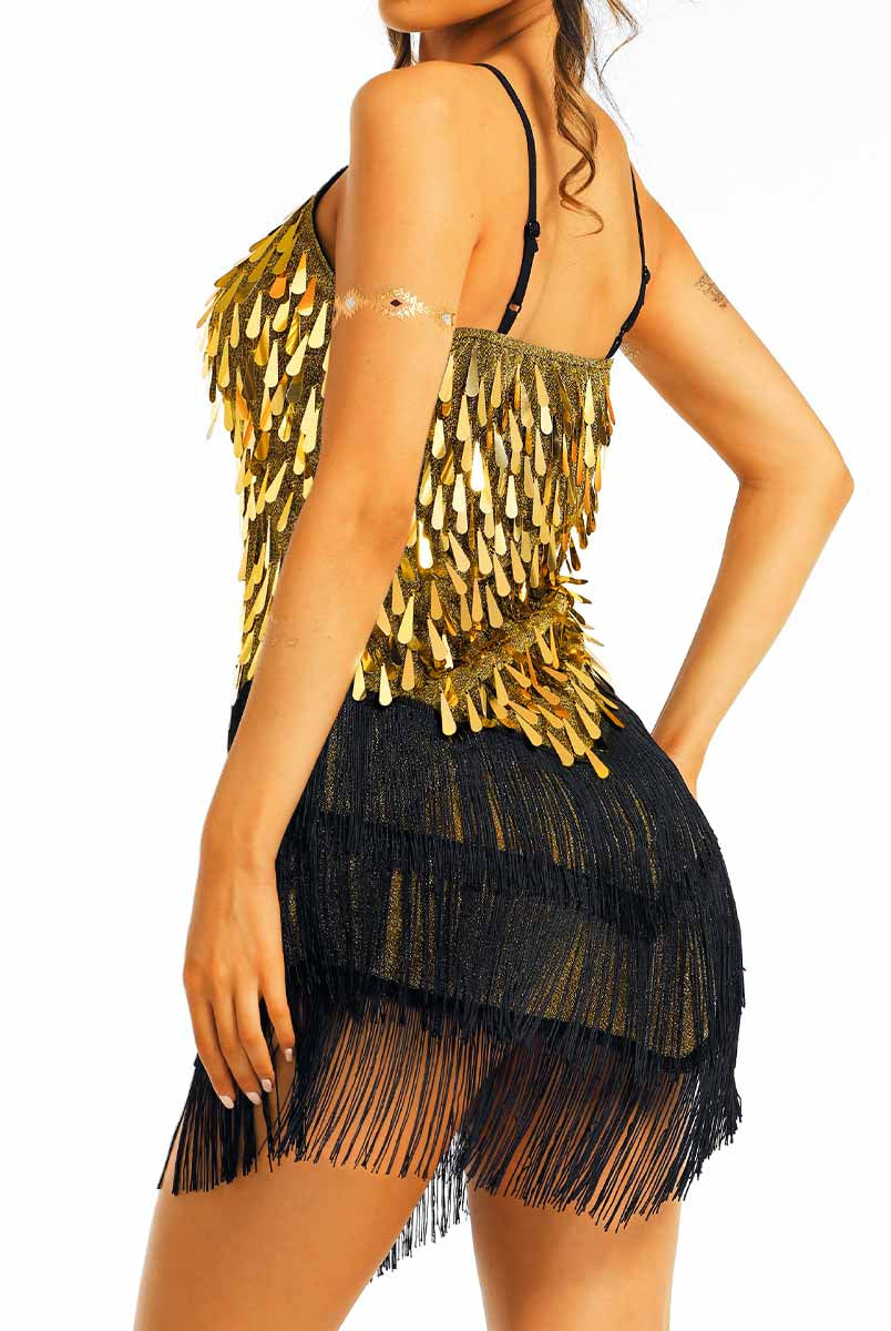 Gold sequin black tassel slip dress
