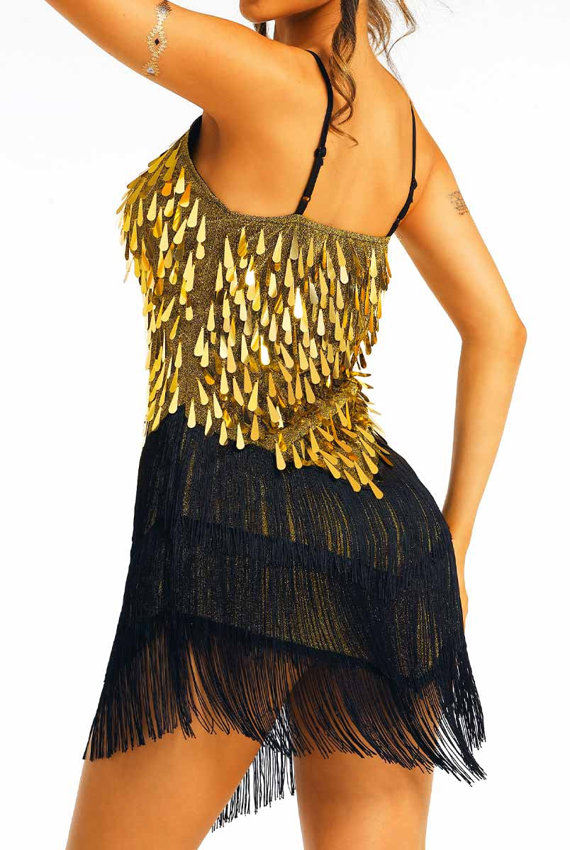 Gold sequin black fringe slip mini dress