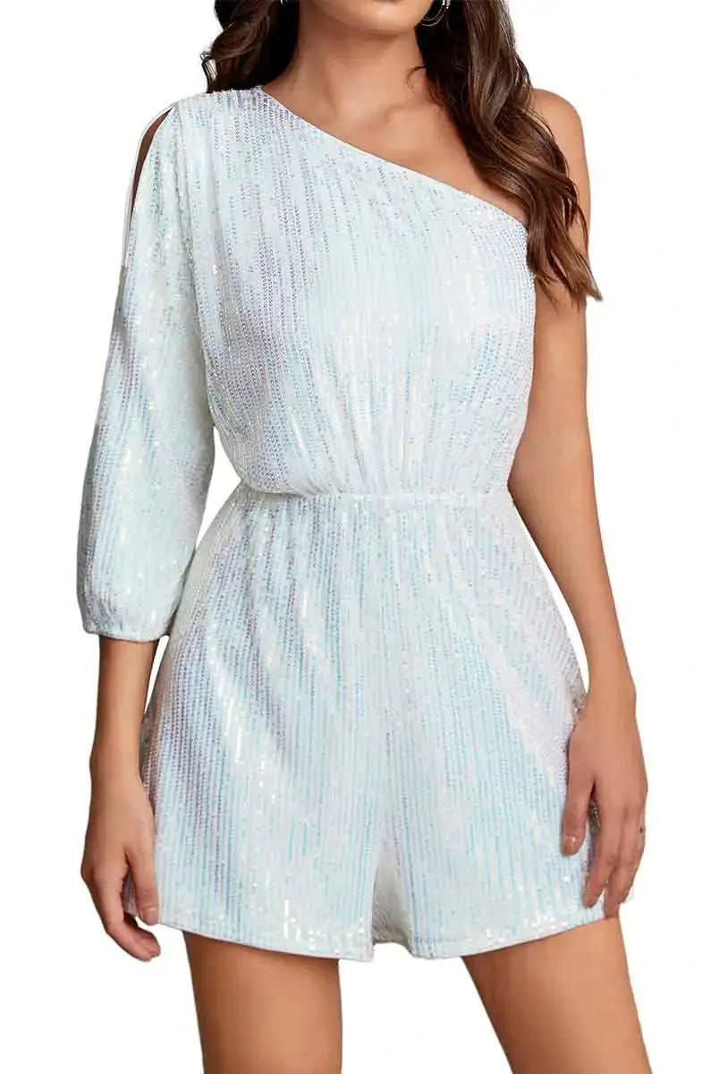 one shoulder sparkly jumpsuit