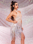 Silver Mirror Dress - Sequin Fringe Rhinestone Dress