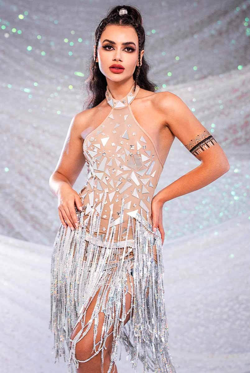 Silver Sequin Fringe Mini Dress