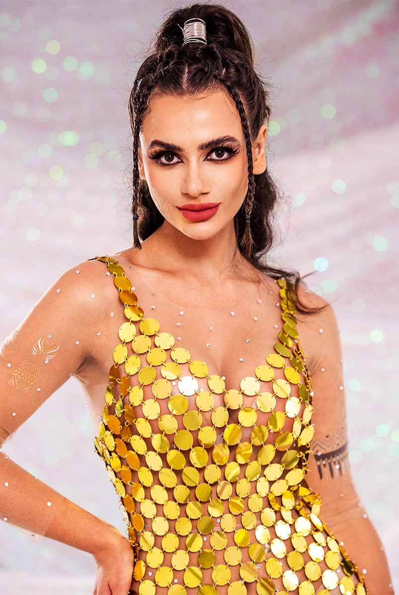 Gold Sequin Mini Dress - Strappy V Neck Shift Dress