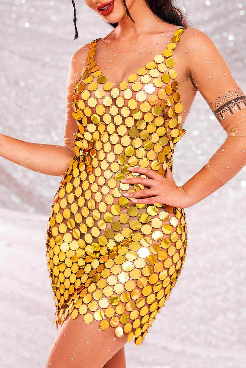 Gold Sequin V Neck Dress