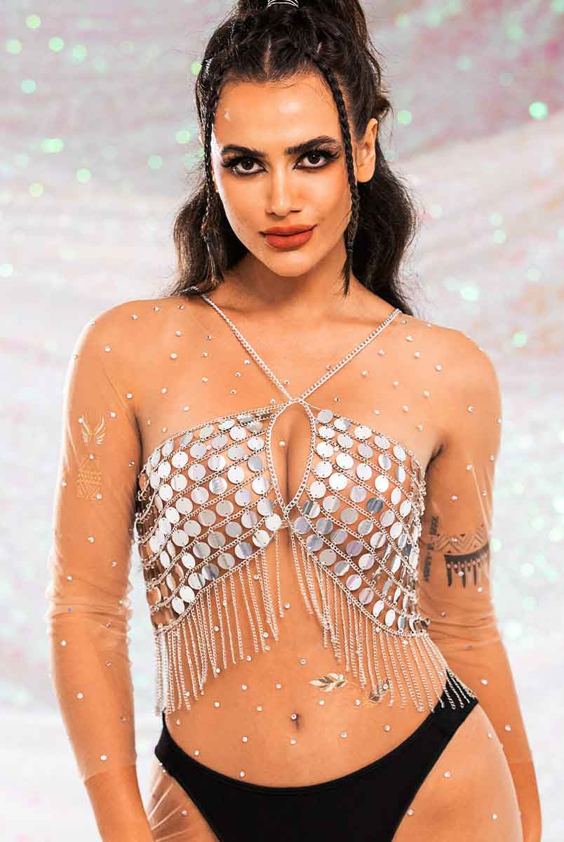silver sequin fringe top